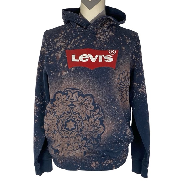 Levis Logo Sweatshirt Hoodie Pullover Men's XS Small Unisex Upcycled Blue Red - Picture 3 of 15